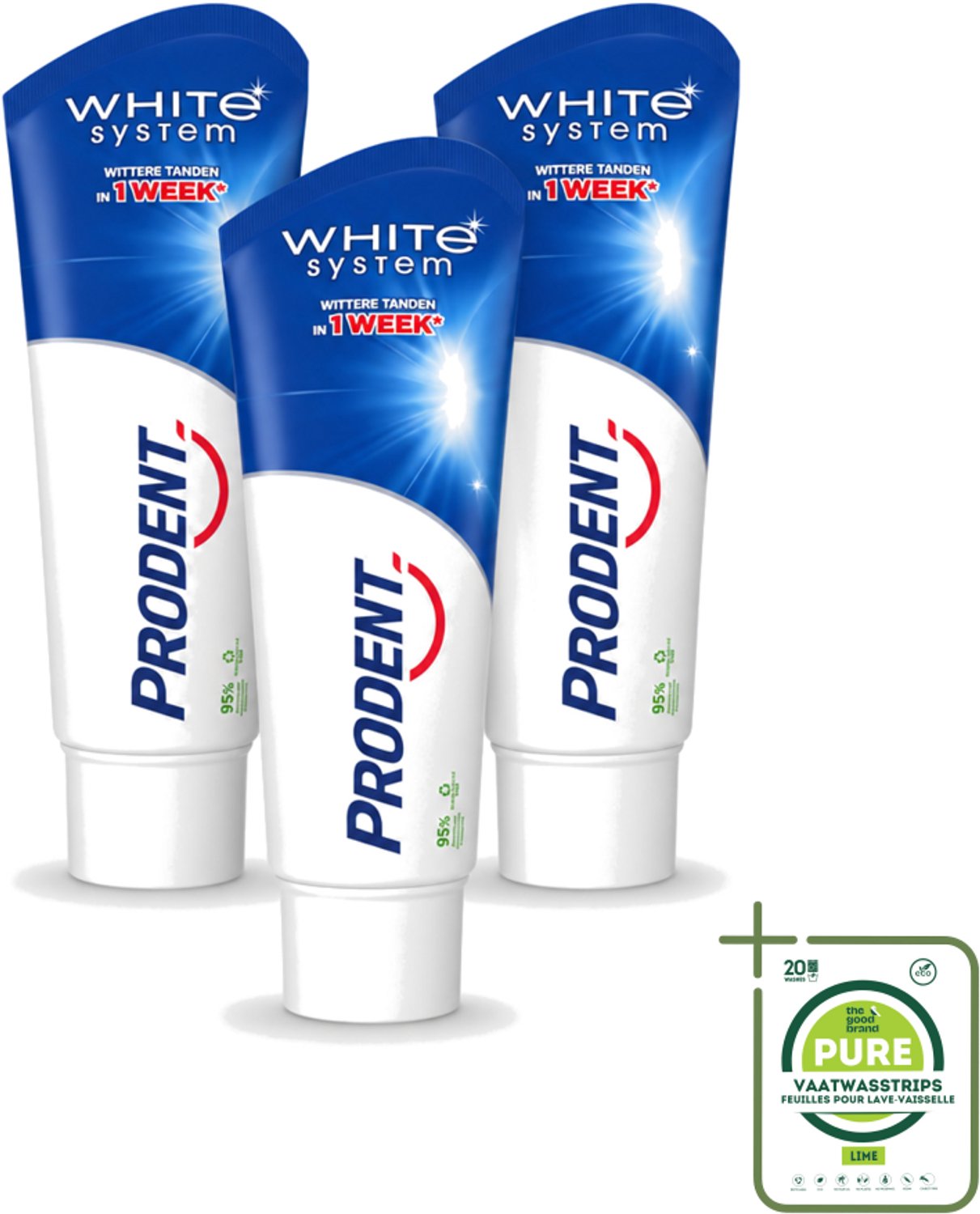 3 x Prodent – Tandpasta – White System – Natuurlijk Witmakend – 75 ml - Grootverpakking - Vaatwasstrips - Witte Tanden - Tandenpoets - Glazuur - Fluoride - Tandenborstel