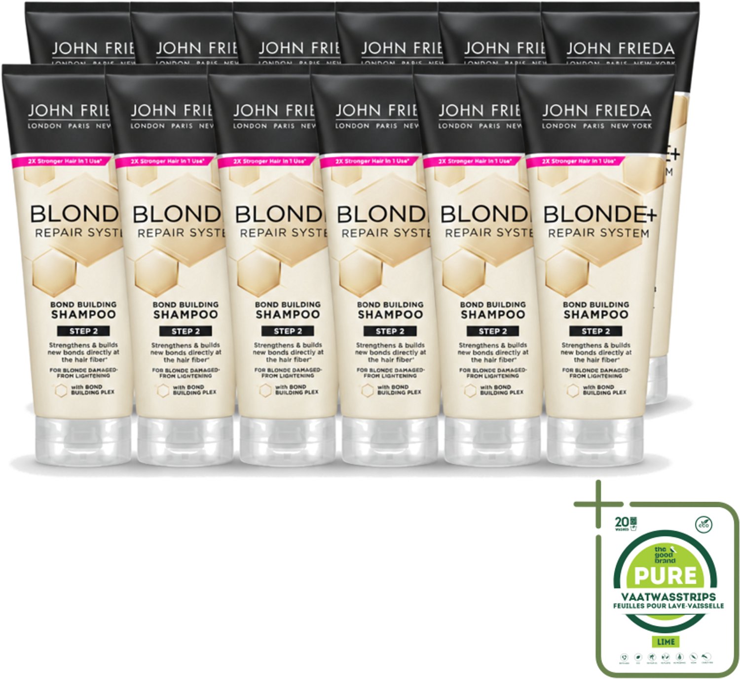 12 x John Frieda – Shampoo – Blonde+ Repair Bond Building – Herstellend – 250 ml - Grootverpakking - Vaatwasstrips - Blond Haar Herstellen - Beschadigd Haar Herstellen - Bond Building Shampoo - Herstel Shampoo - Krachtig Haar