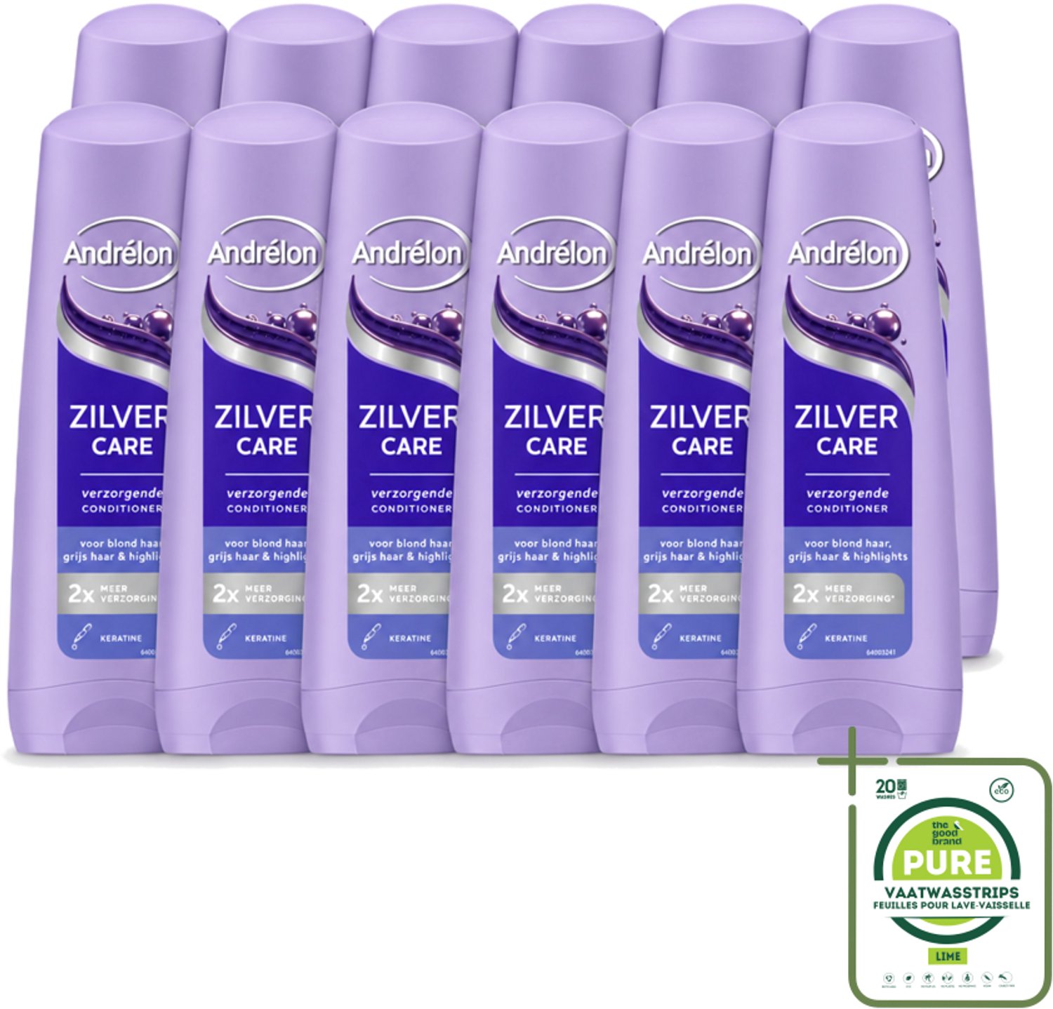 12 x Andrélon – Conditioner – Zilver Care – 200 ml - Grootverpakking - Vaatwasstrips - Blond Haar Verzorging - Grijs Haar Verzorging - Gehighlight Haar - Keratine Conditioner - Haar Herstel
