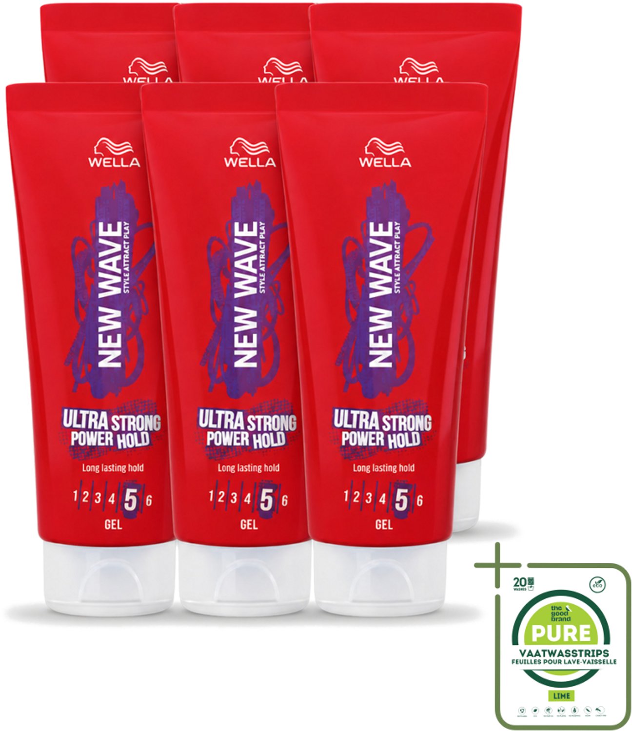 6 x Wella – New Wave Ultra Strong Power Hold – Haargel – 200 ml - Grootverpakking - Vaatwasstrips - Haarkleur - Haartypen - Haartypen - Haartypen - Haartypen