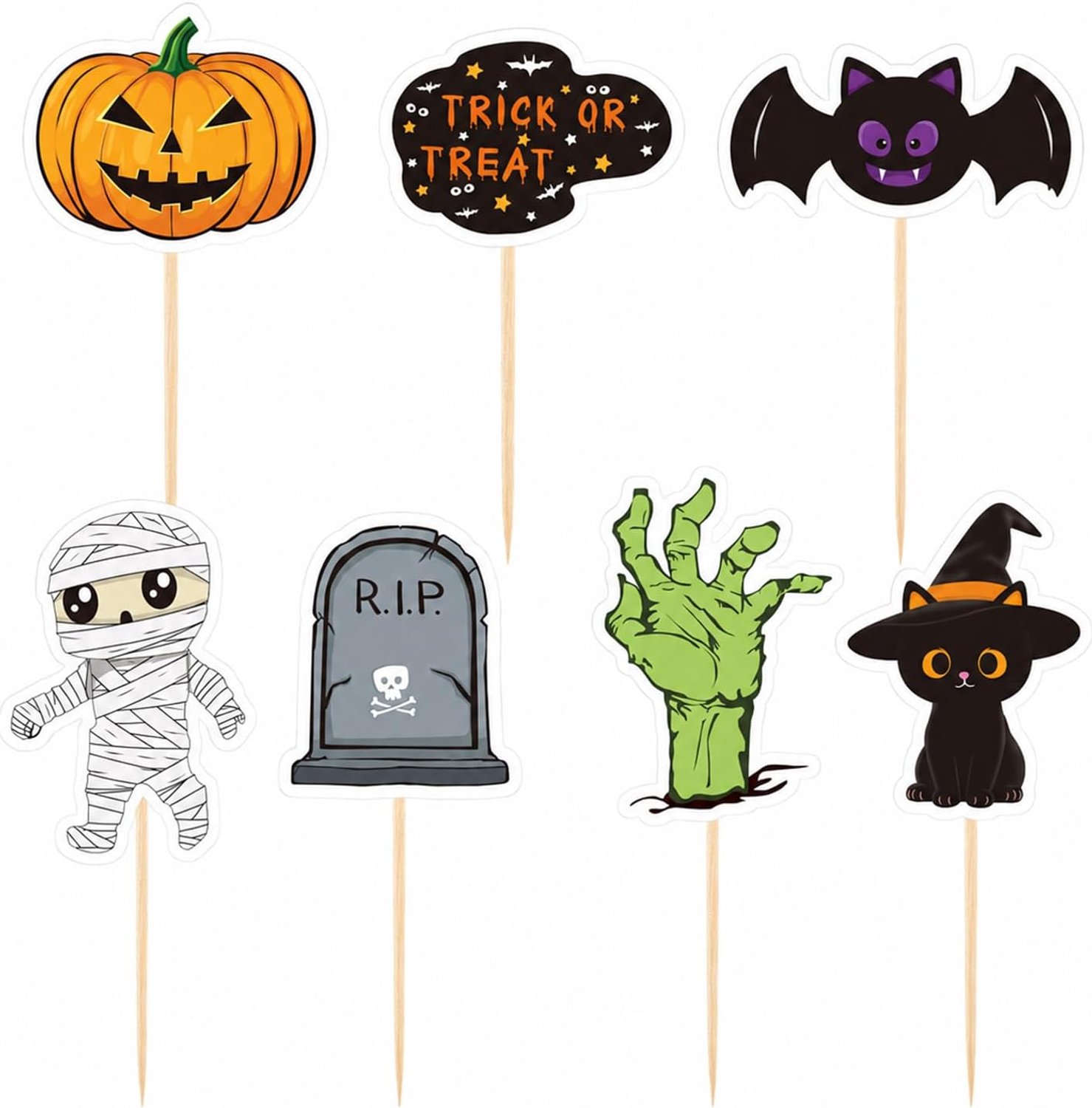 Halloweenprikkers, cupcake toppers, 28 stuks, pompoen vleermuis