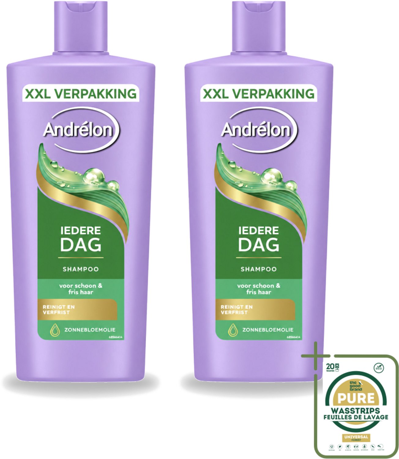2 x Andrélon – Shampoo – Iedere Dag – 685 ml - Wasstrips - Haarkleur - Haartype - Haarverzorging - Dagelijks Wassen - Zachte Haar