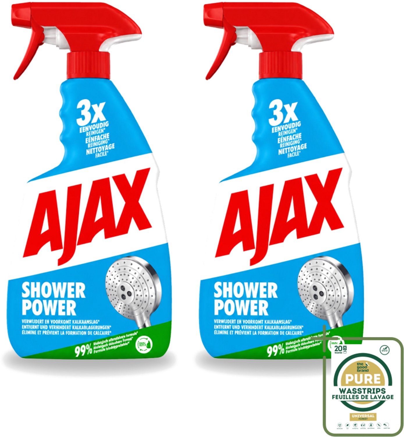 2 x Ajax – Spray – Shower Power – 750 ml - Wasstrips - Badkamer Reinigen - Kalkaanslag Verwijderen - Zeepresten Verwijderen - Douchewand Reinigen - Badkuip Reinigen