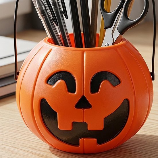 8 Stuks Delige Halloween Pompoenemmer met Handvat Duurzame Plastic Snoepemmers met Compacte Lantern Containers voor Feesttraktaties Decoratie — afbeelding 2