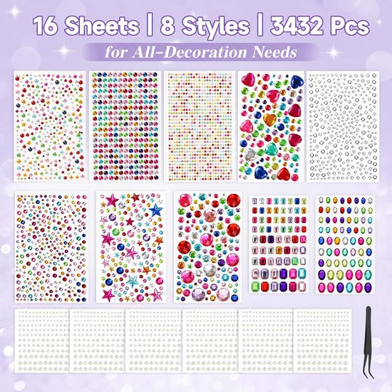 3432 stuks glitterstenen, zelfklevend, strass-steentjes en parels — afbeelding 3