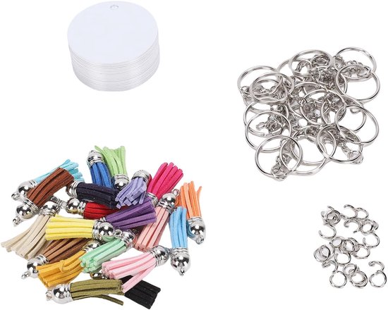 20 Stuks Aluminium Sublimatie Sleutelhangers met Sleutelhangers, Ringetjes en Kwastjes voor Doe-het-zelf, Ornamenten en Knutselprojecten — afbeelding 4