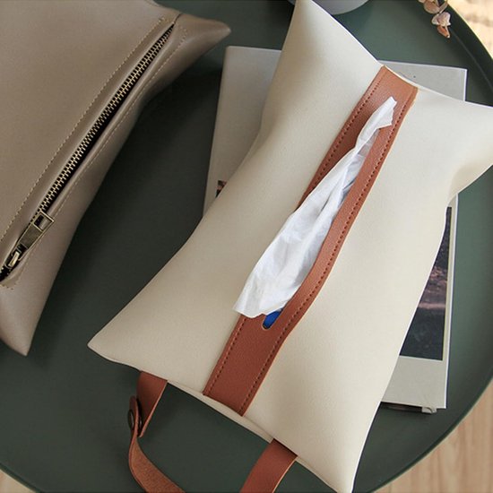 2 Stuks Tissue Box Cover, Lederen Gezichtspapier Opbergdoos met Ophangstrip, Krasbestendig Ontwerp, Rechthoekige Auto Tissue Houder voor Keuken Slaapkamer Nachtkastje Bureau (Beige Bruin) — afbeelding 4