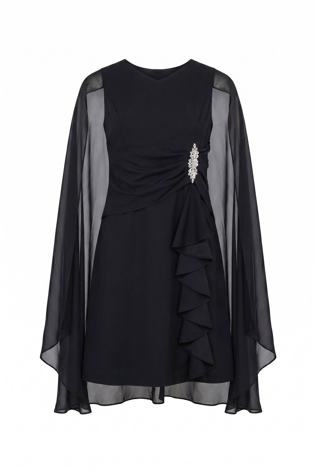 Ulla Popken - Dames - Jurk chiffon cape A-lijn V-hals mouwloos - Zwart - Maat 48