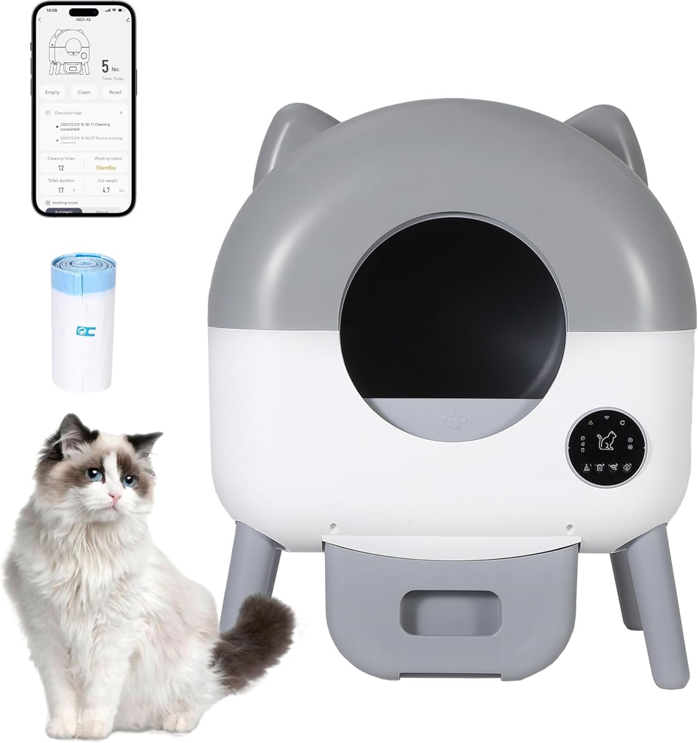 Zelfreinigende kattenbak XXL - 89L capaciteit - App‑bediening & veiligheidssensoren - 6 sfeerverlichtingen - Lekvrij & anti‑klemfunctie - Geurwerend - Stille werking
