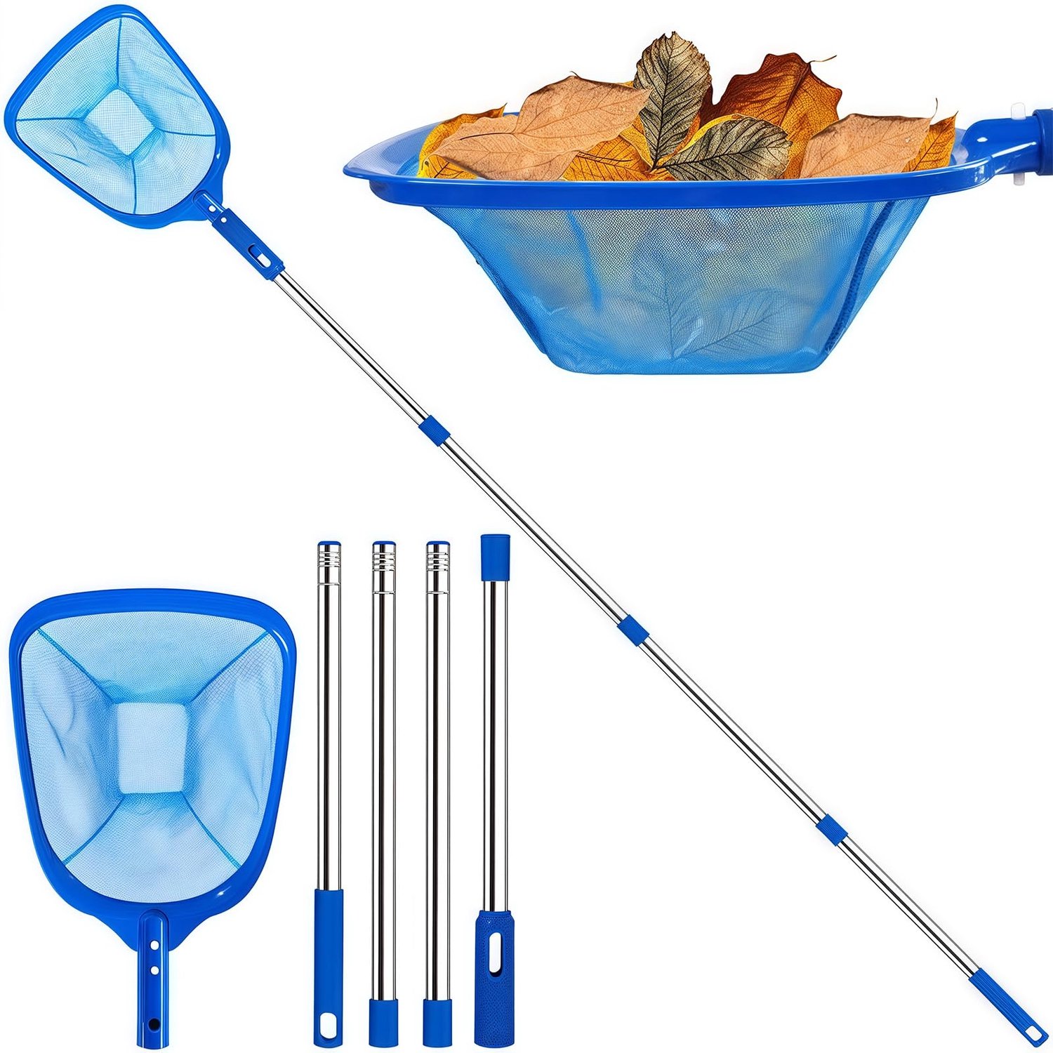 Famanu - Poolschepnet met telescoopsteel - Voor het verwijderen van algen en vuil - Lichtgewicht kunststof - Blauw 1 stuk