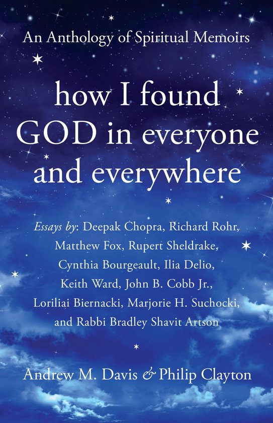 Boekhoes met de titel 'how I found GOD in everyone and everywhere', met een nachtblauwe hemel, sterren en wolken.