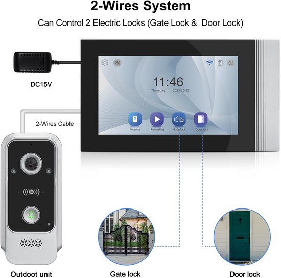 Video Deurbel Wifi 7 Inch Touchscreen - 1080p HD Camera - 2-wegs Audio - Buitenbeveiliging - Wandmontage - Waterdicht - Met App Ontgrendeling — afbeelding 2