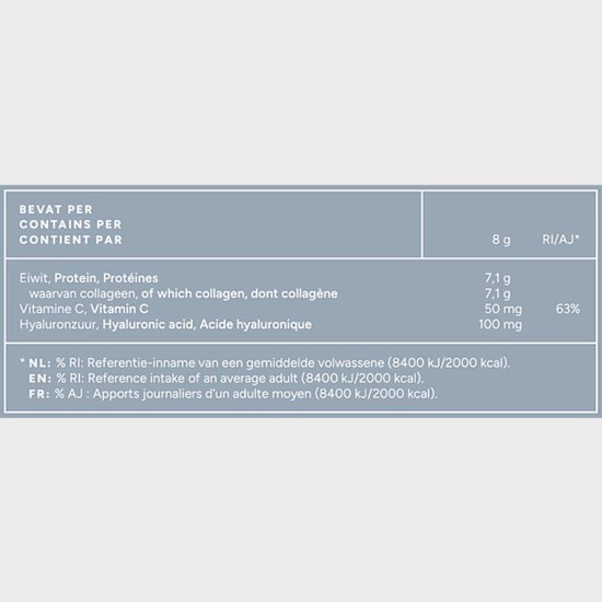 Voedingswaarde per portie: 7.1g eiwit, 7.1g collageen, 50mg Vitamine C, 100mg hyaluronzuur.