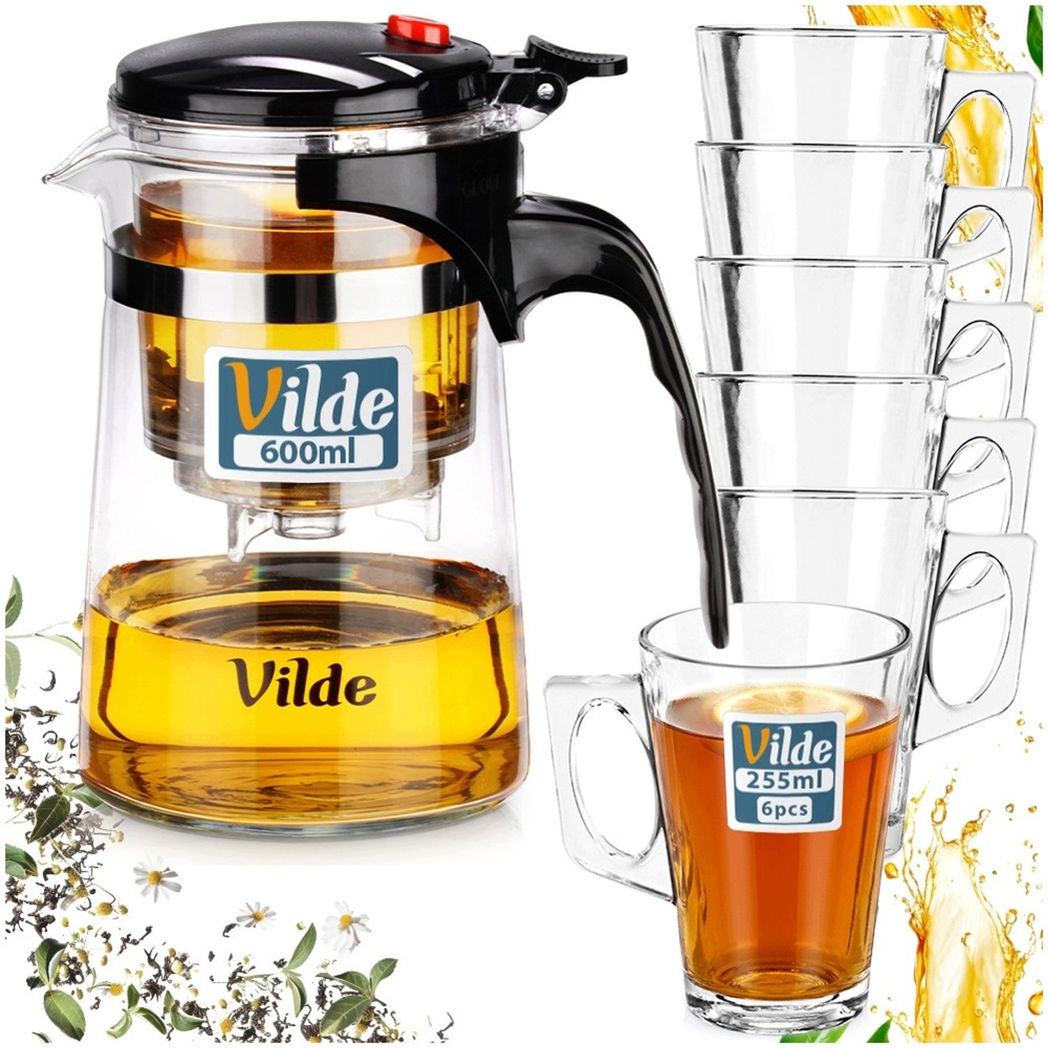 Glazen Theepot met Infuser en 6 Glazen, 600ml