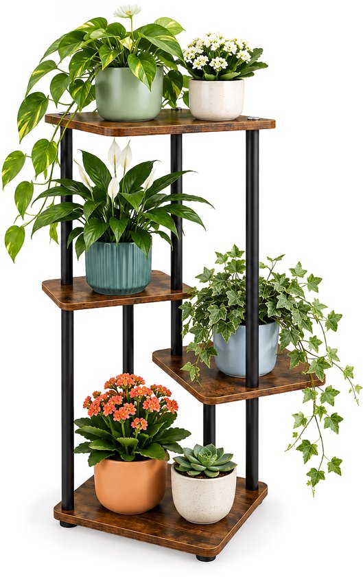 Plantenstandaard met 4 houten etages en zwarte staanders, met diverse planten in potten.