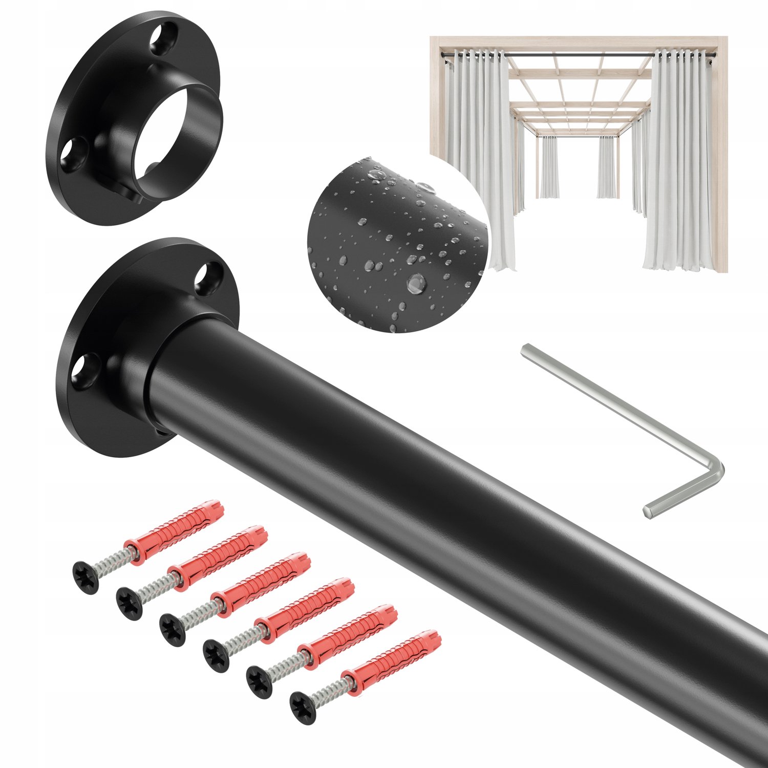 Zwarte Metalen Gordijnstang voor Balkon/Terras - 148 cm