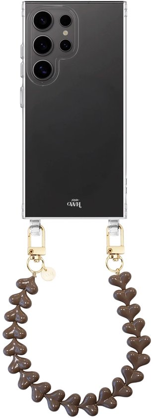 Transparant telefoonhoesje met donkerbruin koord met hartjes en gouden karabijnsluitingen.