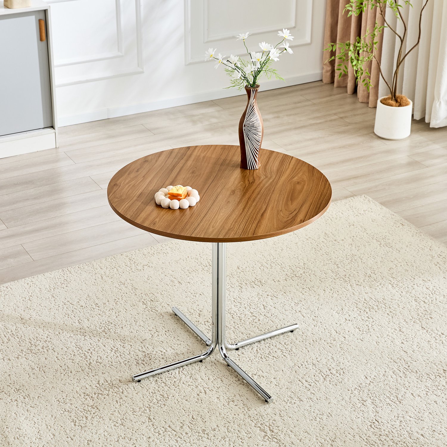 HAUSS SPOLE Bijzettafel - Ronde Walnootkleurige MDF Tafel Met Verchroomd Driepootonderstel - Modern Voor Woonkamer En Kantoor - 85 x 76 cm Silver