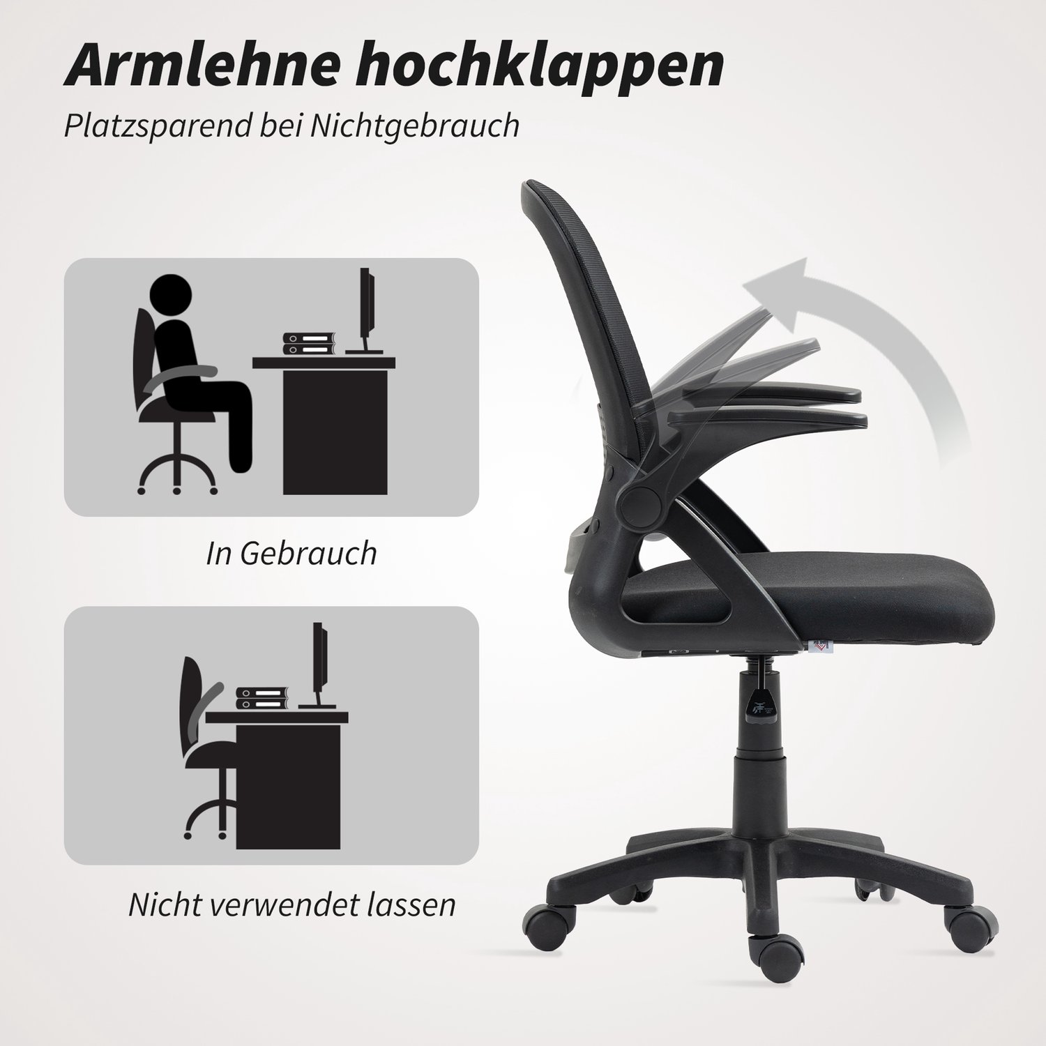 Homona Bureaustoel - Met klapbare armleuningen en lendensteun - 57,5 x 60 x 91-101 cm - Zwart