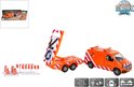 Oranje VW Transporter met aanhanger, pijlwagen en verkeerskegels. Deuren kunnen open.
