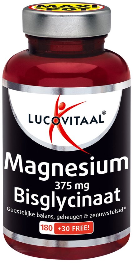 Lucovitaal Magnesium Bisglycinaat 375 mg supplement. Rode pot met zwart label met witte tekst. 180 + 30 gratis.