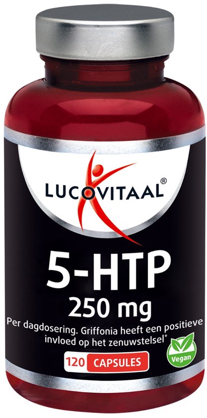 Fles Lucovitaal 5-HTP 250 mg met 120 capsules. Vegan logo zichtbaar.