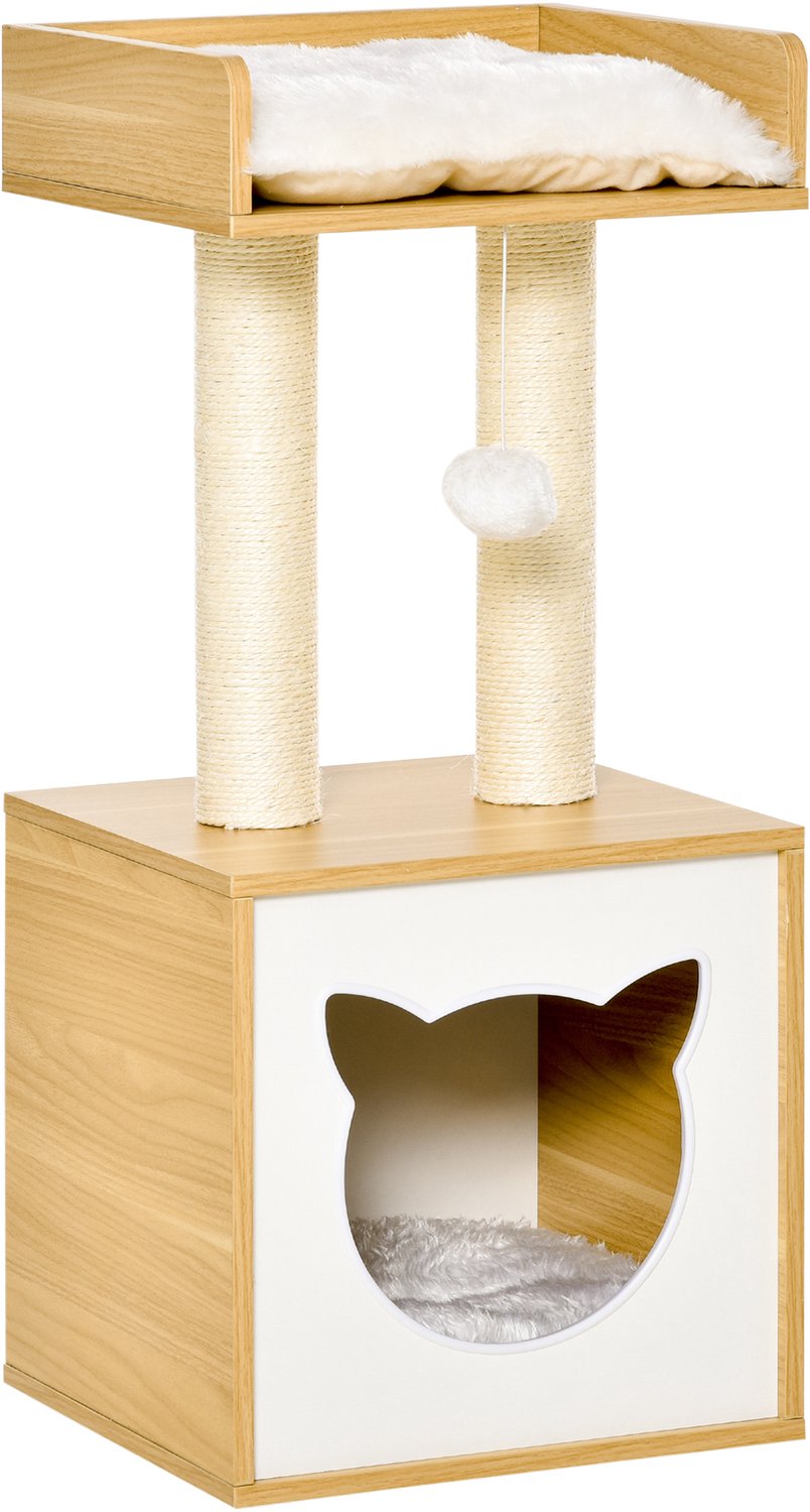 Pawona Krabpaal met kattenhuis - Met ligbed, kussen en speelbal - 35 x 35 x 81 cm - Eikenkleur