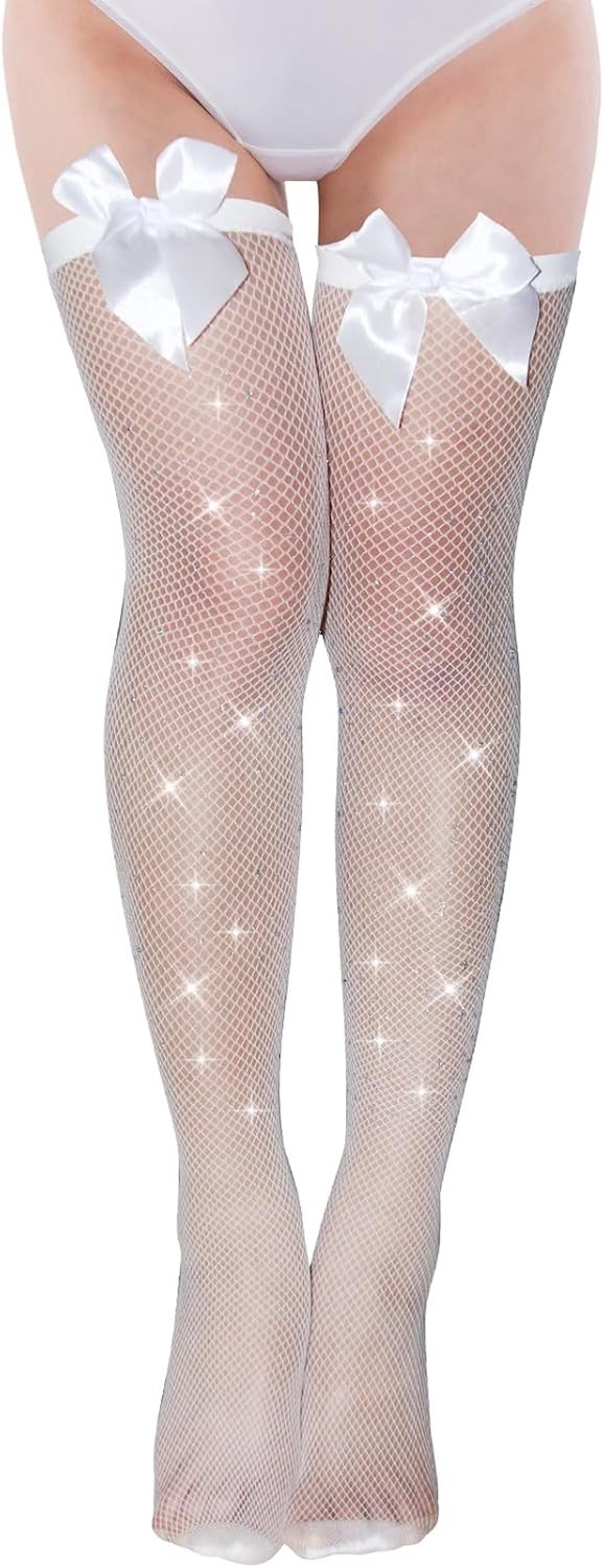 Verleidelijke Zelfklevende Panty met Strass en Strik voor Feestjes, Valentijnsdag en Nieuwjaar - Mesh en Pailletten Design