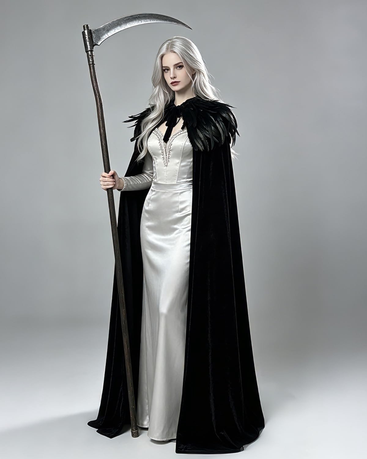 Gothic Velours Cape met Veer Sjaal voor Halloween - Unisex Schouder Sjaal in Zwart, Perfect voor Kostuumfeesten en Theatrale Optredens