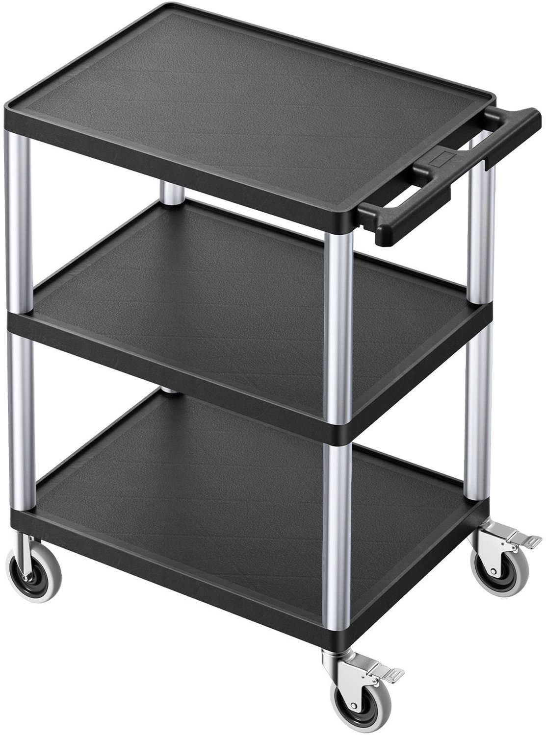 Transportwagen- draagvermogen 136 kg- 70 x 46 cm- zware kunststof transportwagen met drie schappen en 360° zwenkwielen (waarvan 2 met remmen)- geschikt voor magazijn- garage en schoonmaak.