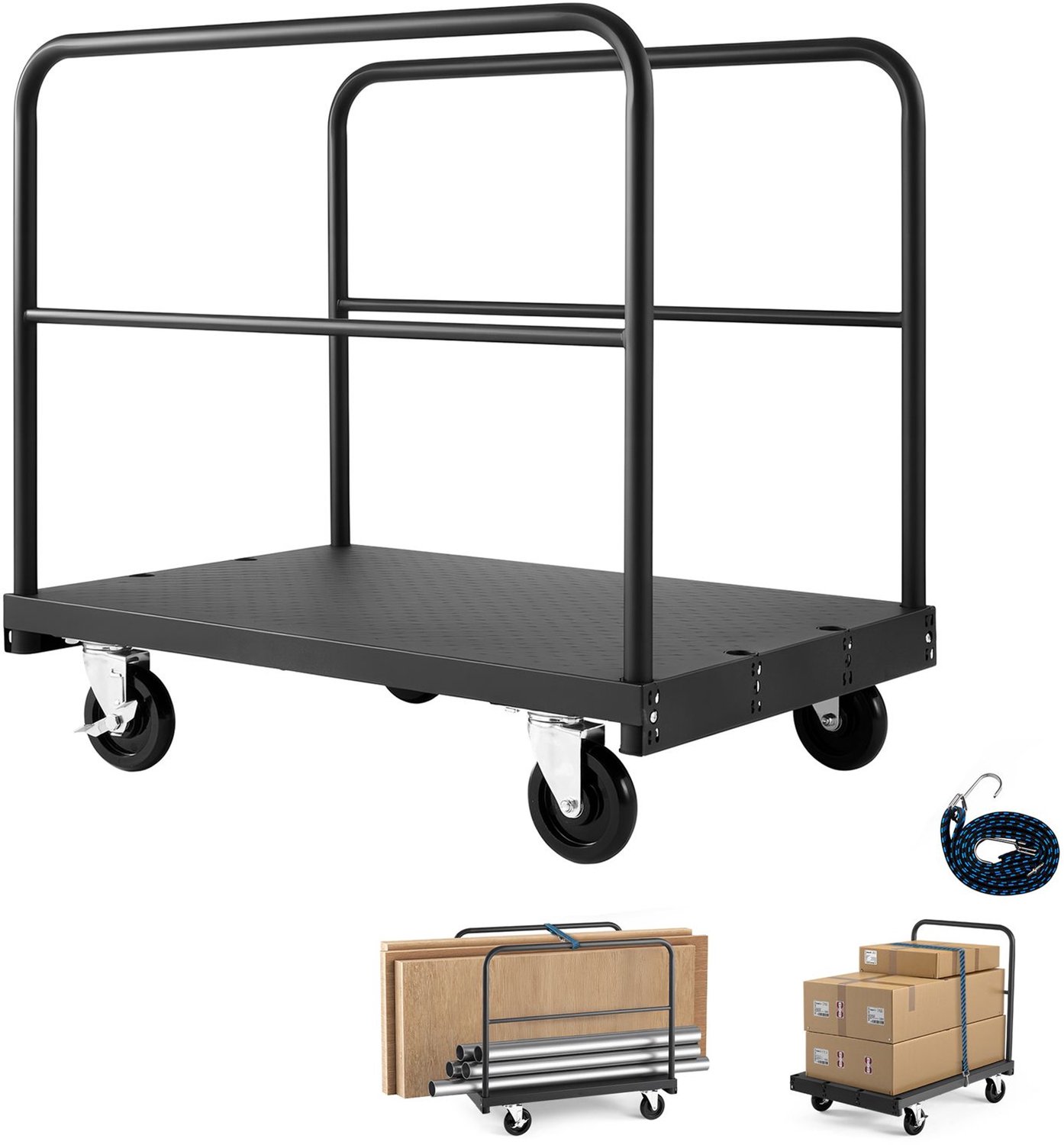 Gipsplaatwagen- 816 kg draagvermogen- 2-in-1 stalen paneelwagen met 12-5 mm zwenkwielen- 91-4 x 61 cm platformwagen met 3 zijleuningen voor fabriek- magazijn- garage- zwart