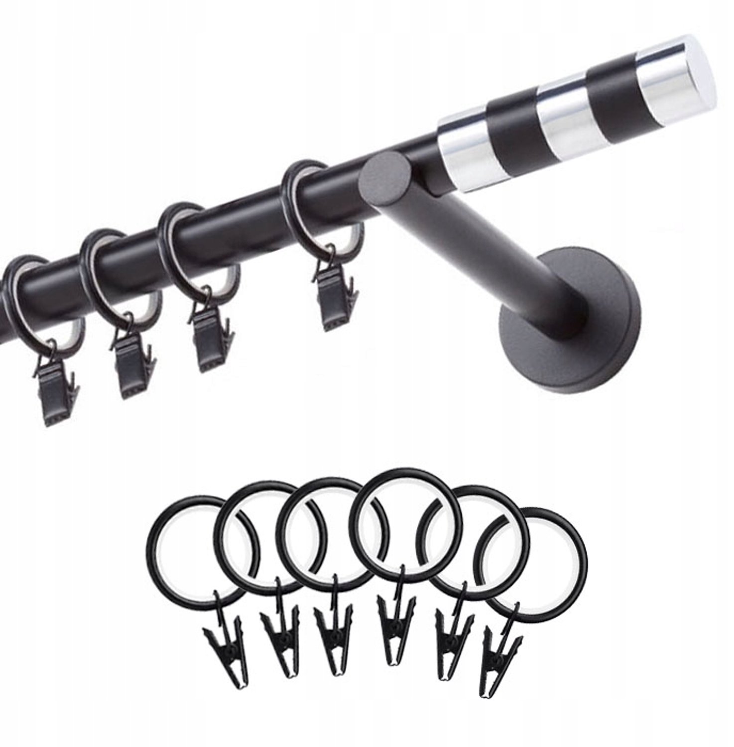 Elegante zwarte gordijnroede 19 mm, 120 cm, compleet met accessoires