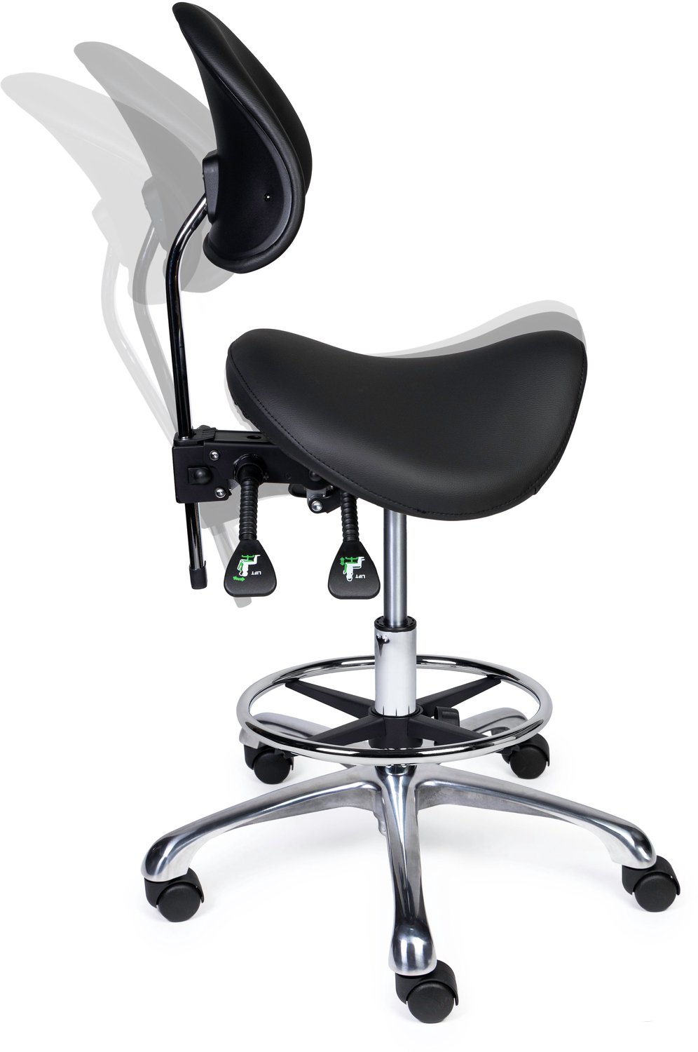 Ergonomische Zadelkruk met Rugleuning Premium Zwart op Wielen Lage uitvoering (45-58cm) / Met voetensteun / Standaard wielen