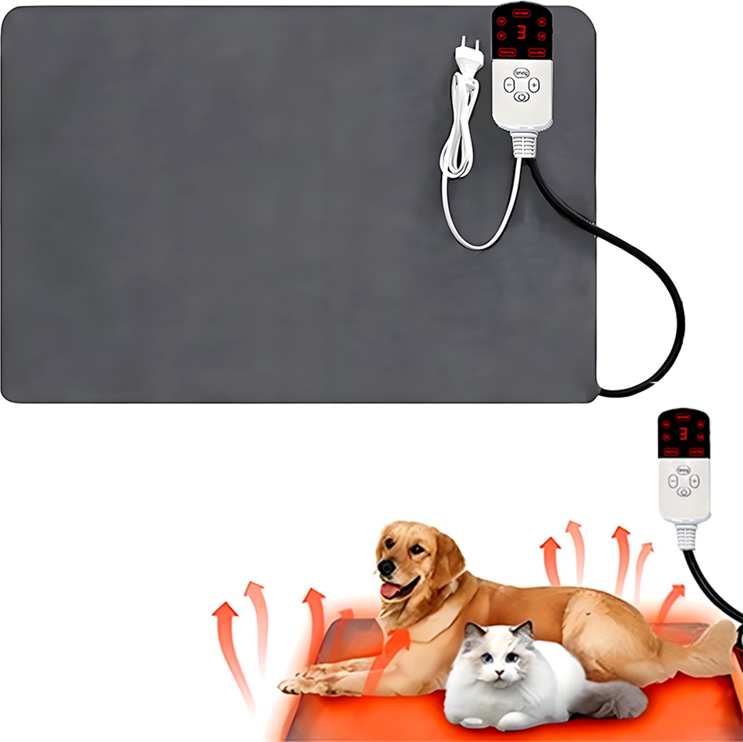 Elektrische verwarmingsmat voor huisdieren - Verwarmingsmat met digitaal display - Warme elektrische deken - Met 4 timerinstellingen - Geschikt voor honden en katten - Inclusief grijze fleece hoes - 9 temperatuurinstellingen - 45x70cm - Zwart
