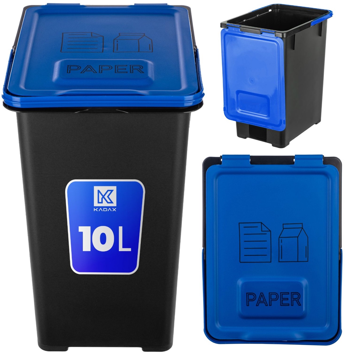 KADAX afvalbak 10 liter met blauw klapdeksel en draaggreep, prullenbak, afvalbak voor oud papier, kleine afvalbak voor afvalscheiding in keuken en kantoor, afvalbak voor papier (zwart/blauw, met opdruk)