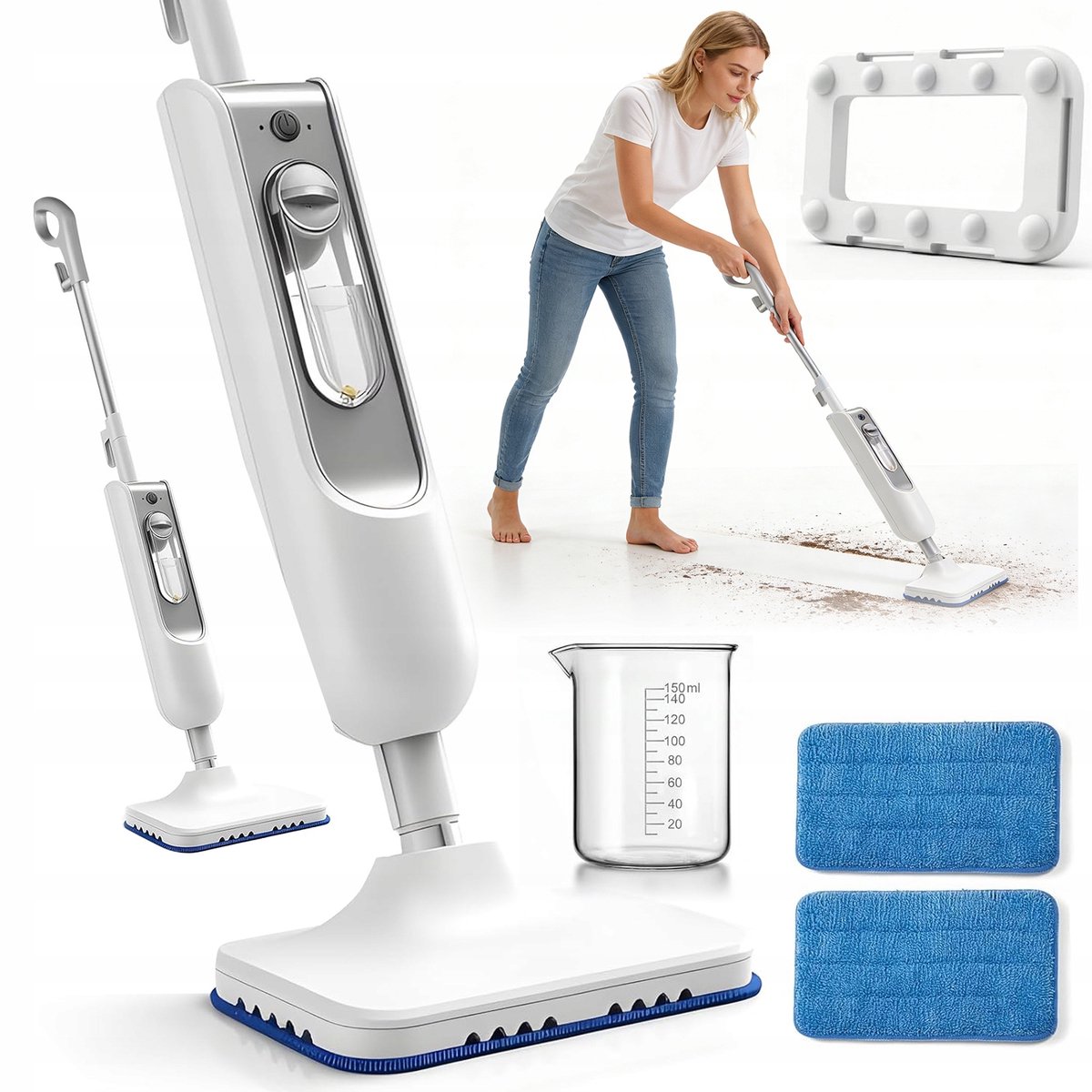 Stoomdweil 1500W - Stoomreiniger - Vloerreiniger met Stoom - 400 ml - 2 Stoomstanden - 90-110°C - 18-20 Sec Opwarming - Wasbare Microvezel - Stoommop - Voor Tegels & Hout & Tapijt