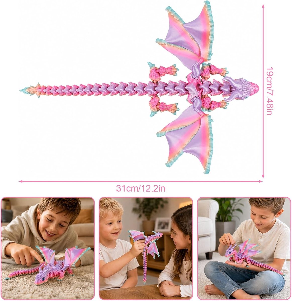 Draak met Vleugels 3D Geprint, 30 cm Vlieger Speelgoed met Ogen voor Kinderen en Volwassenen