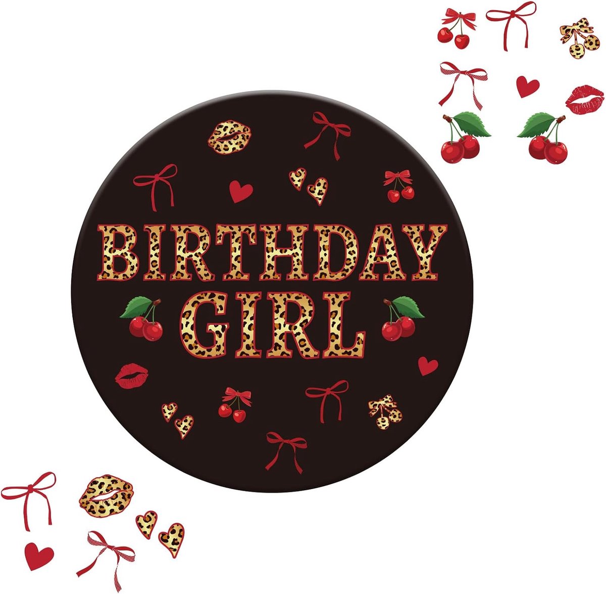 Girl Cheetah Cherry Pin, 5,8cm Luipaardprint Verjaardag Button Badge Rood & Zwart Party Broche voor Vrouwen Meisjes
