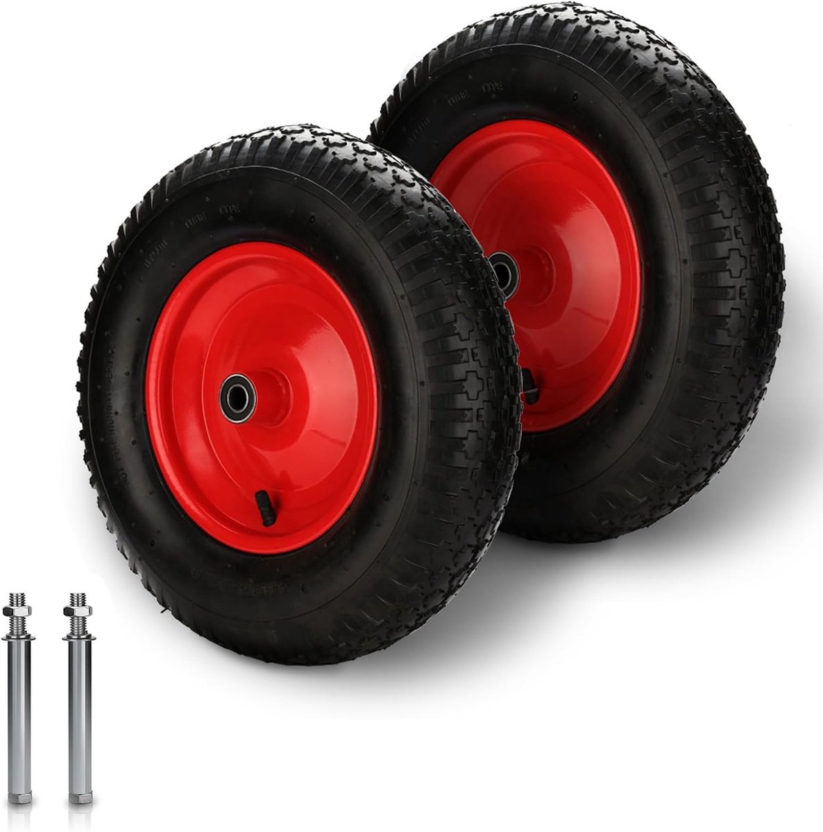 Luchtbanden 4,80/4,00-8 Ø 390 mm, PU rubberen wiel met as, 200 kg draagkracht reservewiel, bandbreedte 95 mm voor kruiwagen, tuinwagen, zwart/rood, 2 stuks