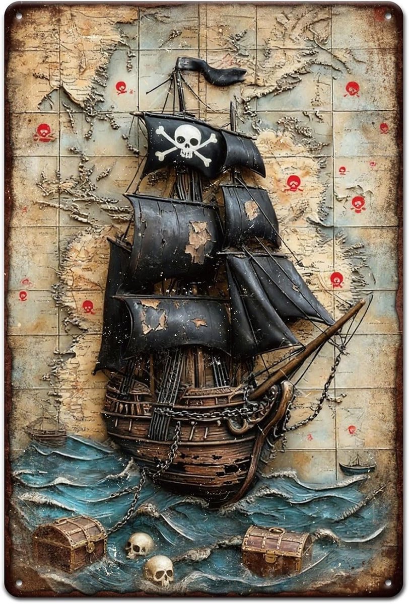 Vintage metalen metalen bord met piratenschip, 30 x 20 cm, doodshoofd, oceaanplaat, decoratieve borden, retro schatkist, wandmetalen bord voor thuis, kamer, boerderij, café, bar, hal
