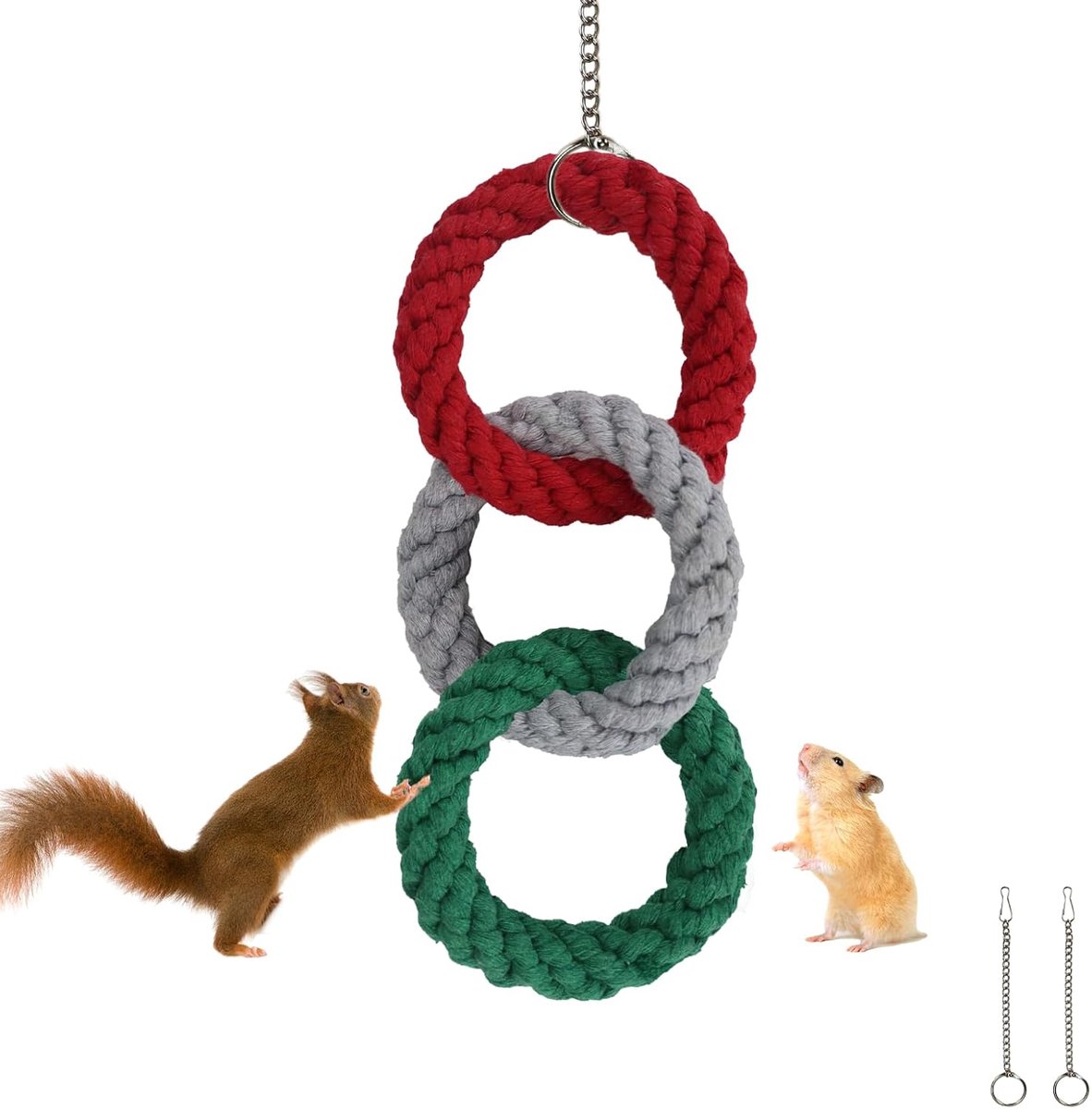 Speelgoed, kleurrijk drie-ring, katoenen touw, zeevaartje, speelgoed met haken, hamsteraccessoires voor eekhoorns, vogels, hamsters, klimmen, fretten, eekhoorns, chinchilla (groen +