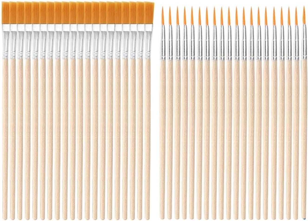 Kunstpenseelset met houten mouwen voor kinderen en volwassenen, 40 nylon penselen met platte en ronde punten, voor acryl, aquarelolie, make-up, gezicht, manicure