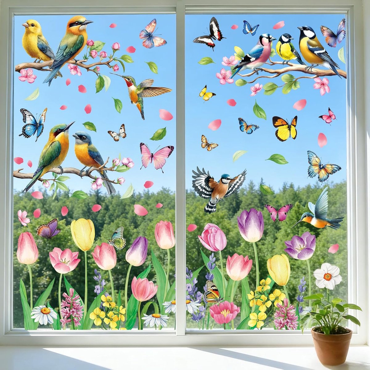 Raamstickers Lente Zelfklevende Lentecoratie - 9 Vellen Aquarel Raamstickers met Bloemen en Vogels, Herbruikbare Statische Raamdecoratie voor de Lente en Zomer