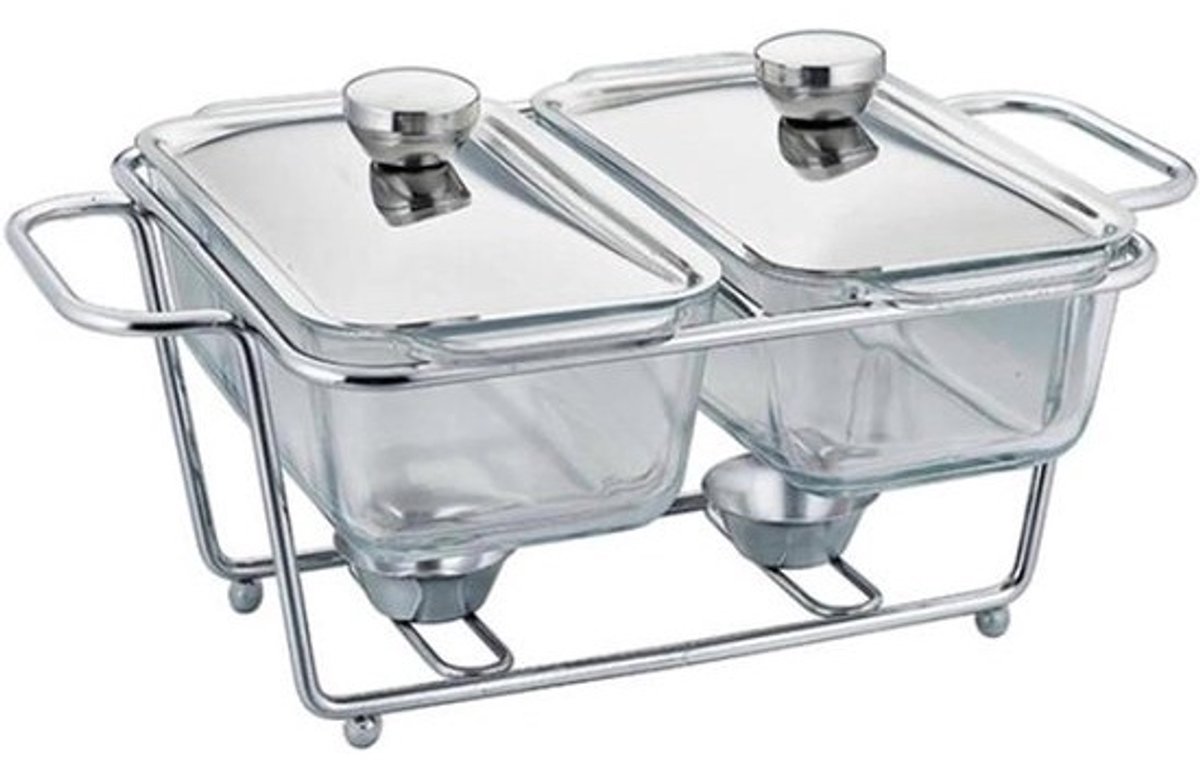 Voedselverwarmer Set - Warmhoudplaat Buffet - Gerechten Warm Houden - Dubbel Rooster - Ruim Formaat - Zilverkleurig