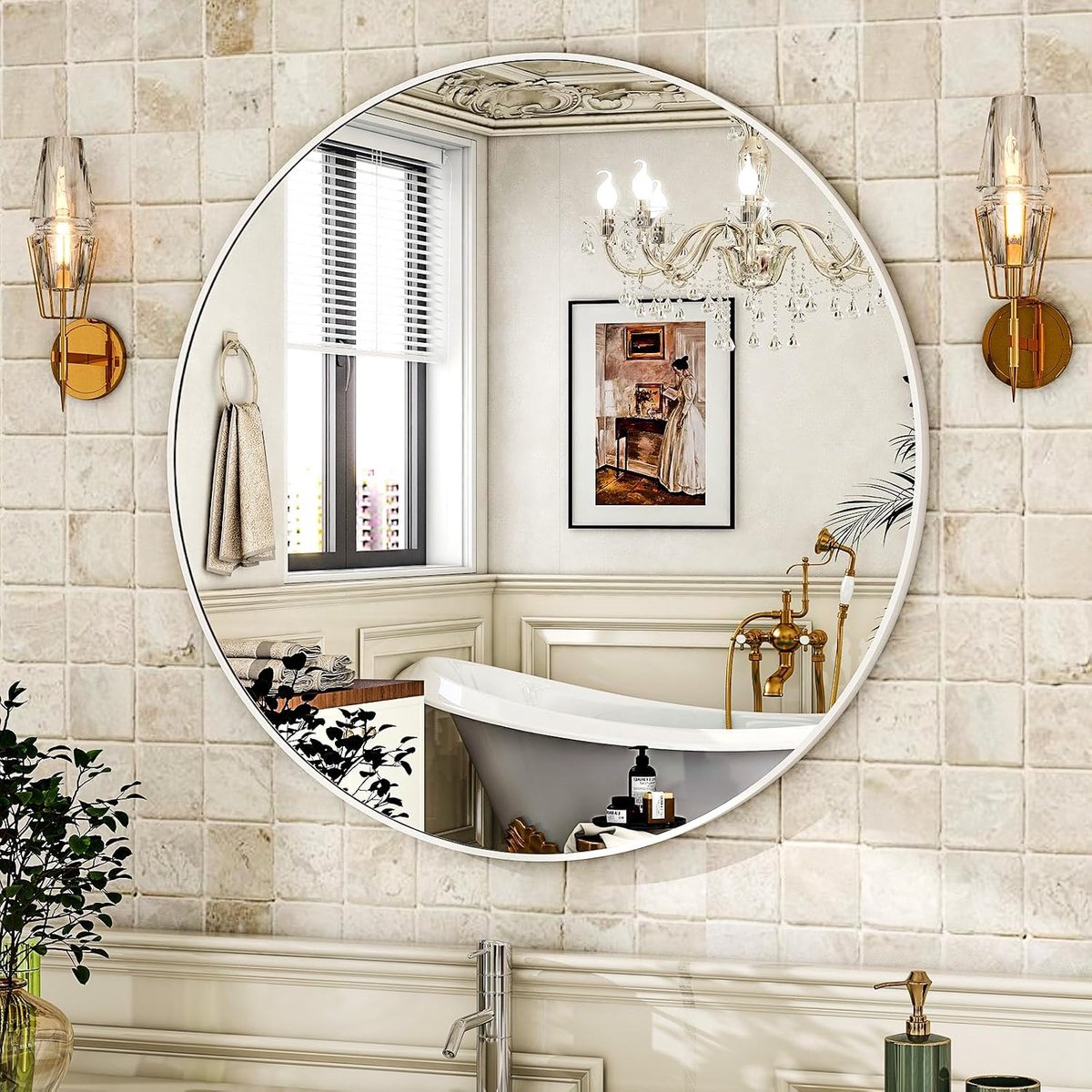 80 cm ronde spiegel in wit, onbreekbare wandspiegel met aluminium frame, badkamerspiegel om op te hangen en tegen te leunen, ronde wandspiegel voor slaapkamer, badkamer, woonkamer