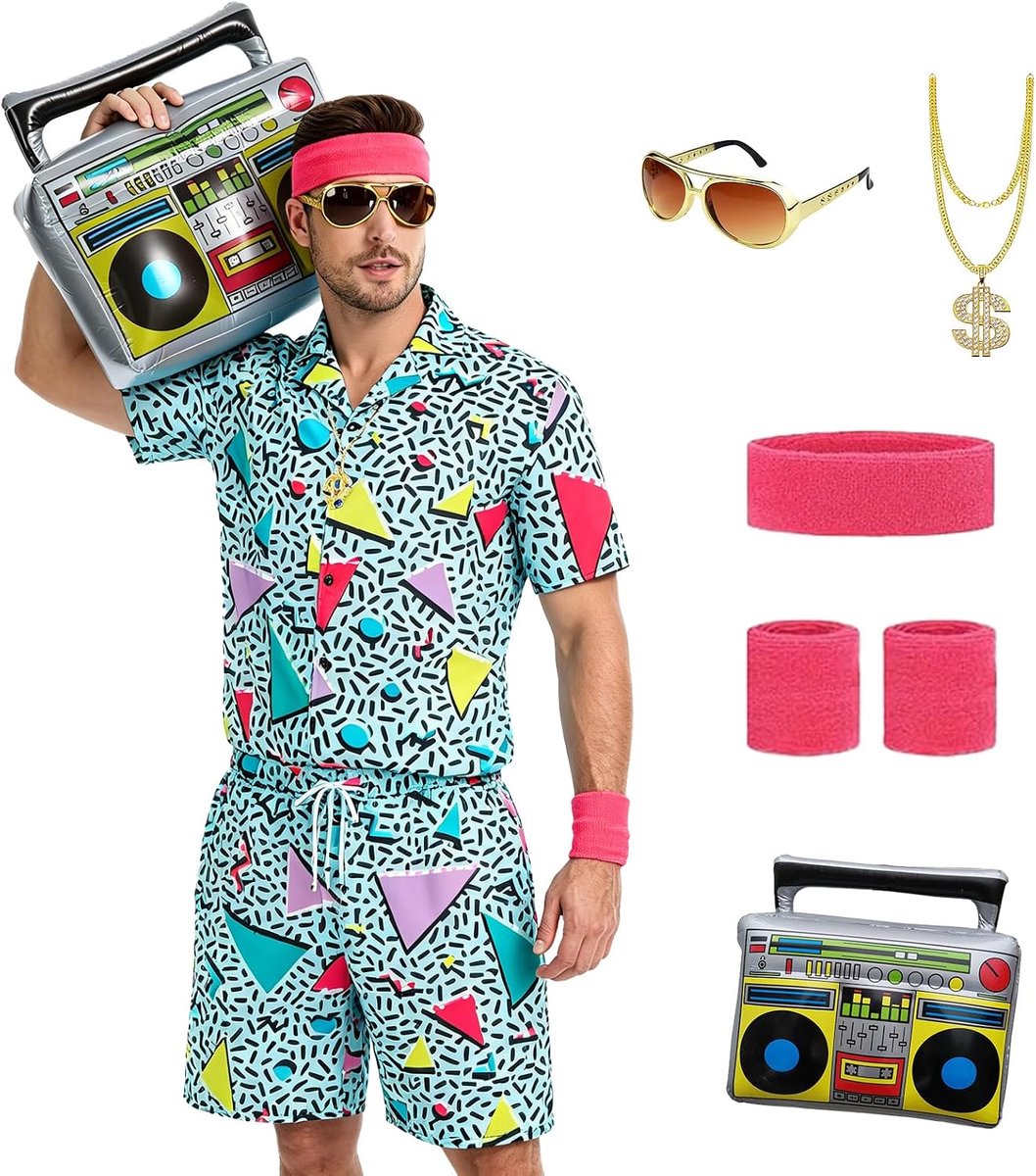 80 en 90 verkleedkleding voor heren, jaren 80 outfits - jas en shorts met korte mouwen - kostuum voor Halloween, carnaval en retrofeesten