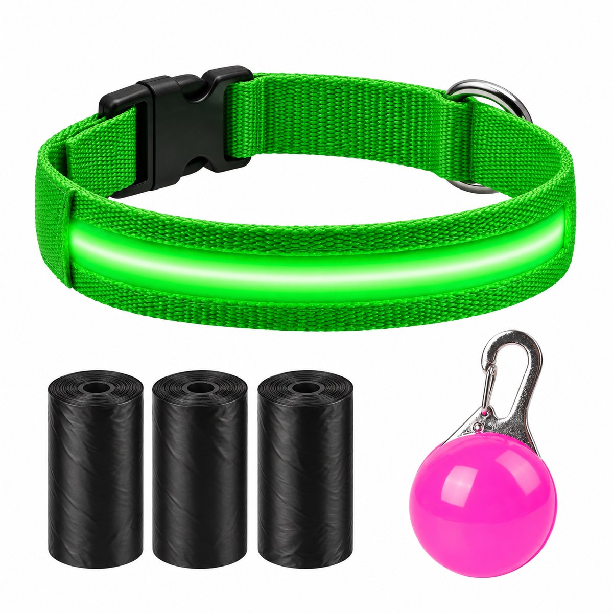 Professor Q LED Halsband Hond - Groen S (34–41 cm) - Roze LED Lampje + 45 Poepzakjes - Nylon USB Oplaadbaar