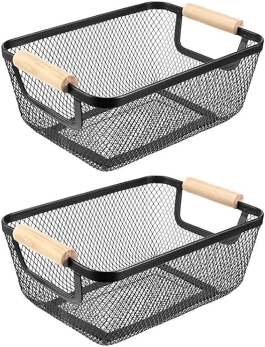 2 stuks, metalen manden, opbergmanden, keukenmand met houten handgrepen, fruitmand, hangende organizer, multifunctionele netmetalen manden, rekmanden voor keuken, eetkamer, badkamer