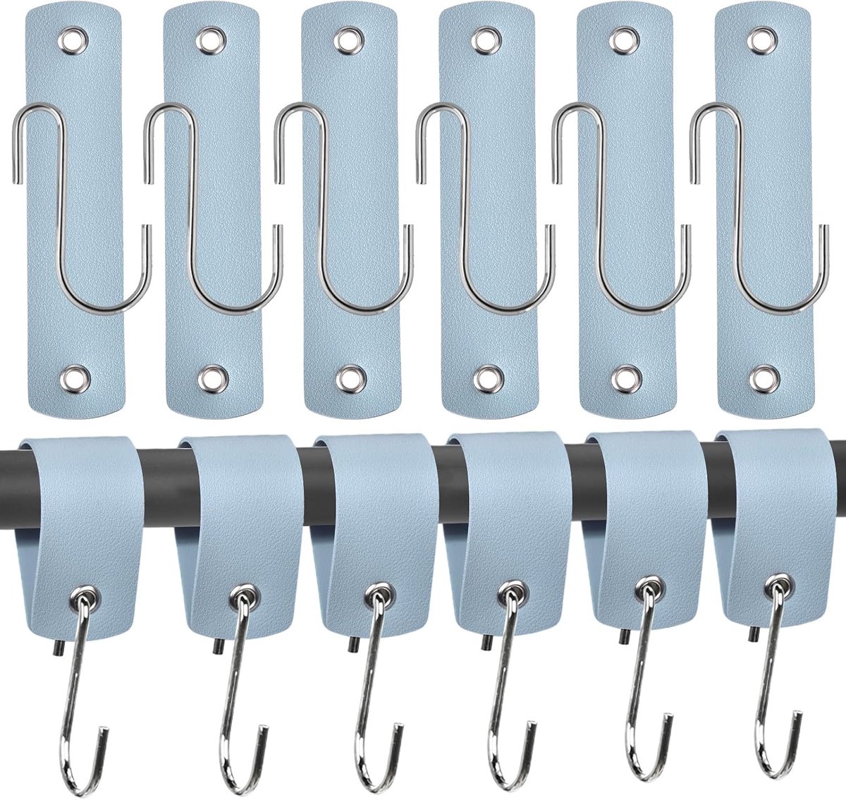 S-haken met leren lus, 12 stuks, 13,3 x 3 cm, haken om op te hangen, metaal, voor garderobe, keuken, kledingstang, badkamer, camping (blauw)