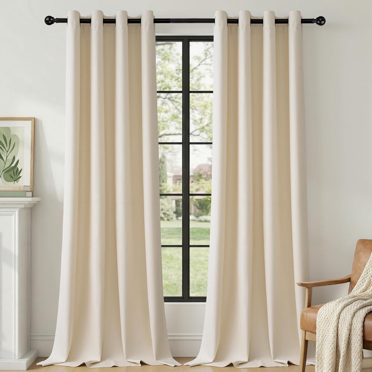100% verduisterend, linnenlook, H 260 x B 140 cm, Zandbruin thermogordijnen met oogjes, set van 2 voor slaapkamer, woonkamer en kinderkamer